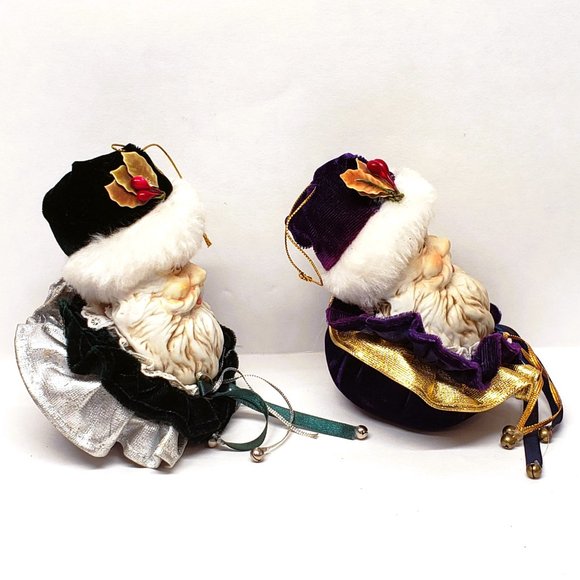 Old World Santa Christmas Ornament Lot x2 Ceramic Velvet Bells Blue Purple 5" - Picture 4 of 7